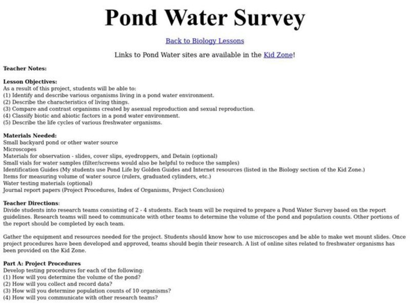 Pond Water Survey Lesson Plan
