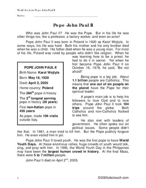 Pope John Paul II Worksheet