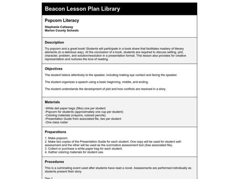 Popcorn Literacy Lesson Plan