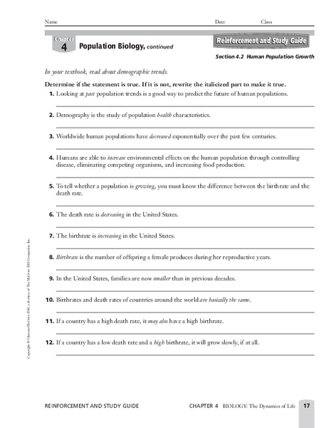 Population Biology Worksheet
