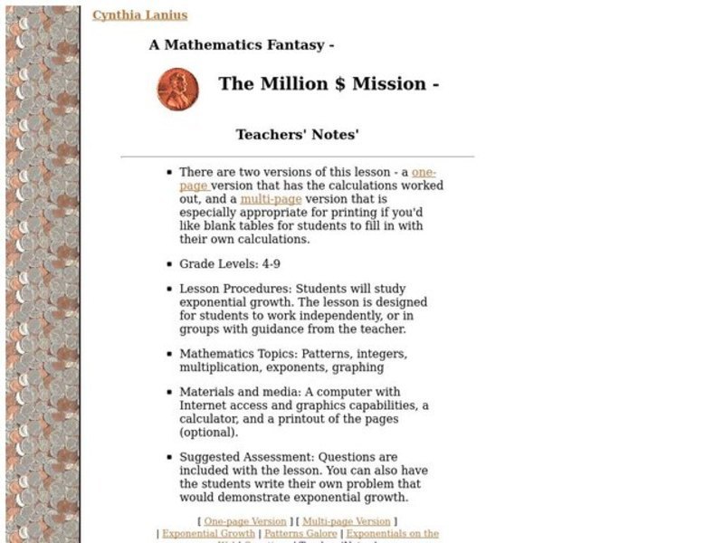 The Million $ Mission Lesson Plan