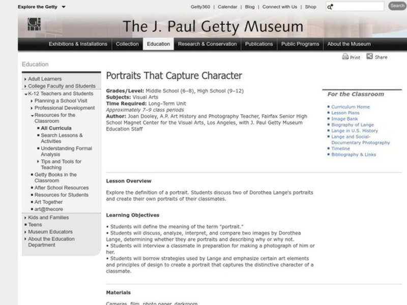 Portraits That Capture Character Lesson Plan