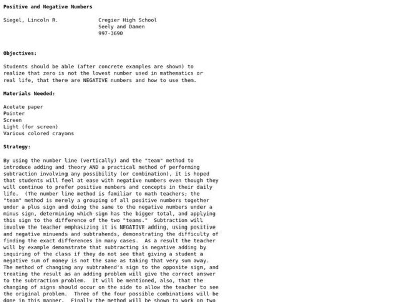 Positive and Negative Numbers Lesson Plan