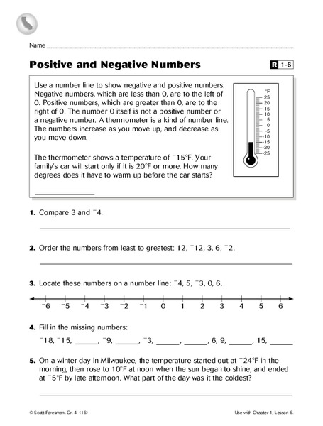 Positive and Negative Numbers Worksheet