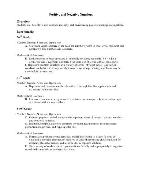 Positive and Negative Numbers Lesson Plan