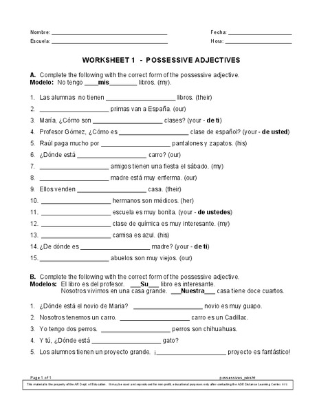 Possessive Adjectives Worksheet