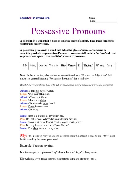 Possessive Pronouns Worksheet