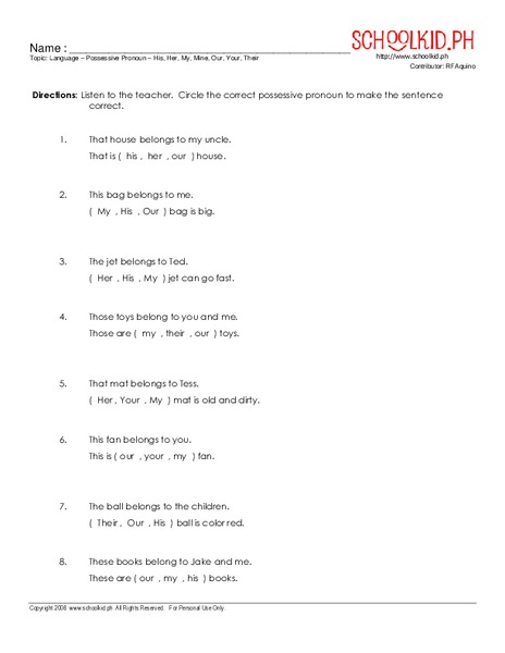 Possessive Pronouns Worksheet