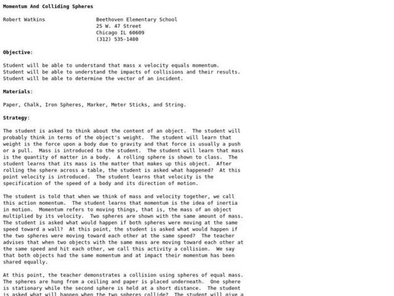 Momentum And Colliding Spheres Lesson Plan
