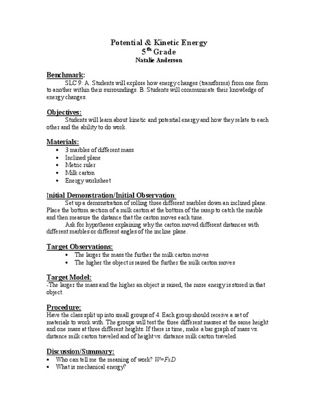 Potential and Kinetic Energy Lesson Plan