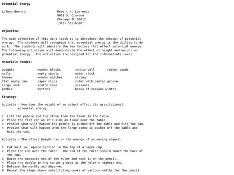 Potential Energy Lesson Plan