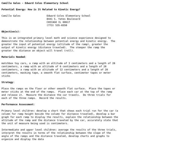 Potential Energy: How is It Related to Kinetic Energy? Lesson Plan