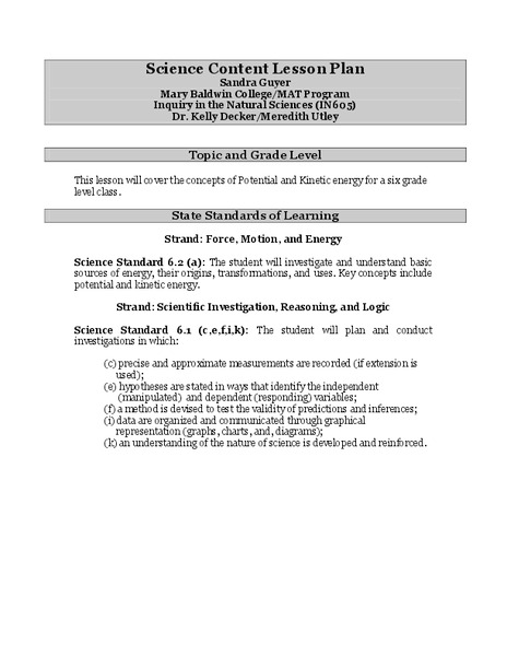 Potential and Kinetic Energy Lesson Plan