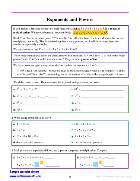 Powers and Exponents Worksheet