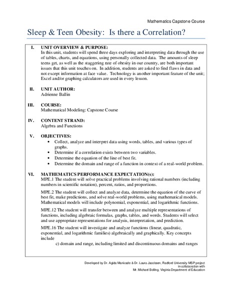 Sleep and Teen Obesity: Is there a Correlation? Unit Plan