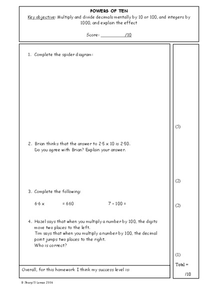 Powers of Ten Worksheet