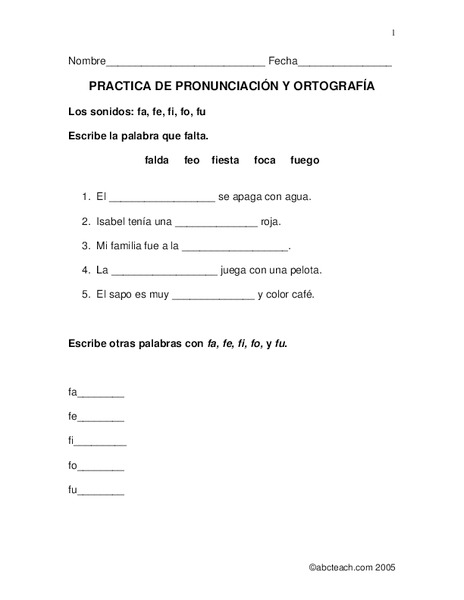 Practica de Pronunciación y Ortografía: fa, fe, fi, fo, fu Worksheet