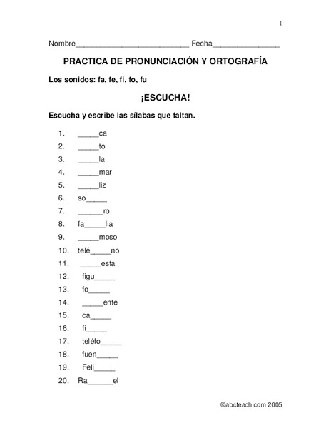 Practica de pronunciación y ortografía: fa, fe, fi, fo, fu Worksheet