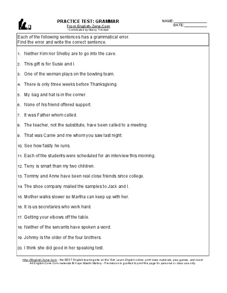 Practice Test: Grammar Worksheet