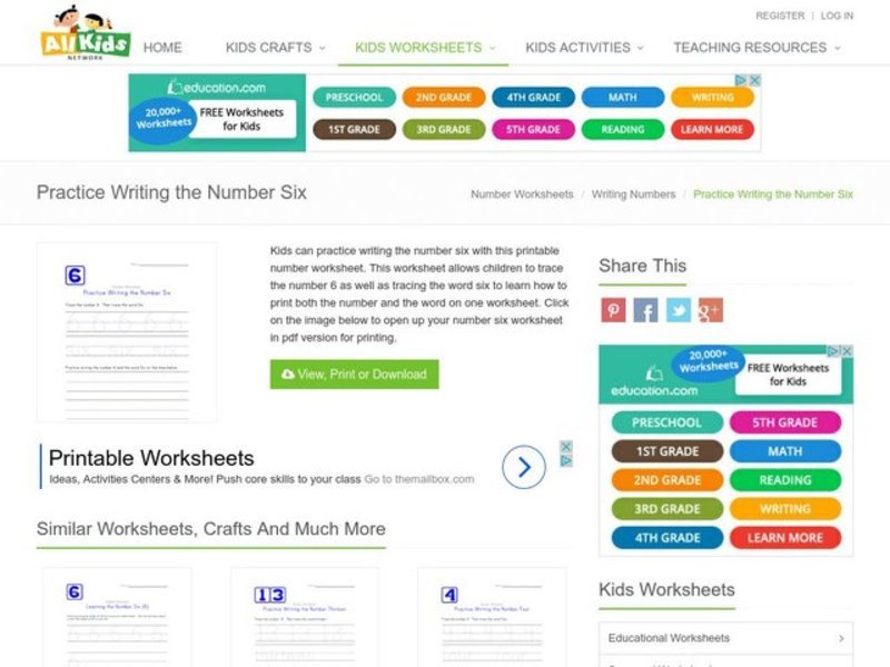 Practice Writing the Number Six Worksheet