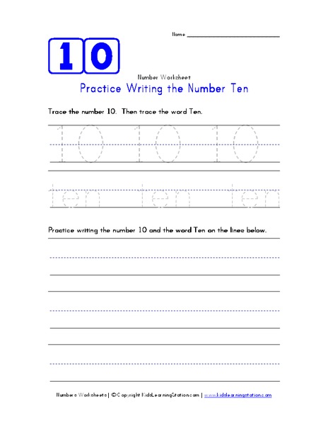 Practice Writing the Number Ten Worksheet