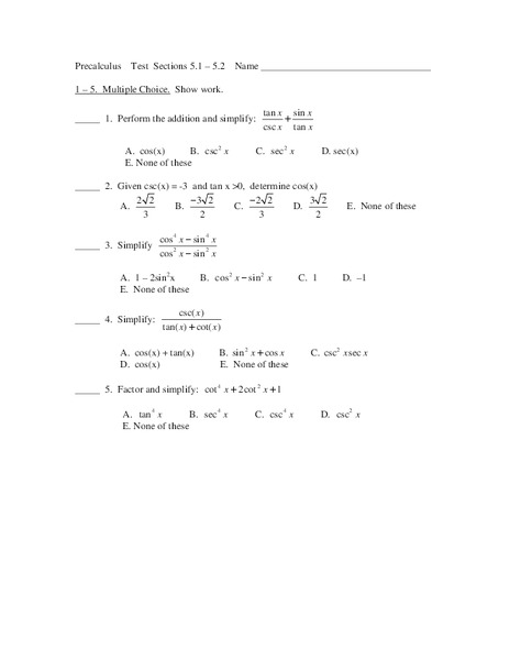 Precalculus Test Sections 5.1 - 5.2 Worksheet