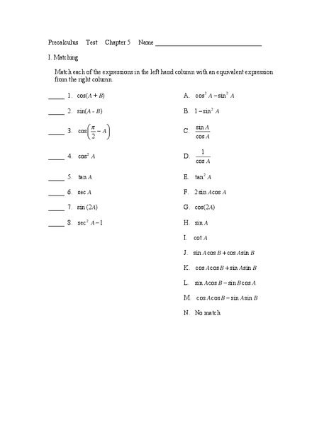 Precalculus Test Worksheet