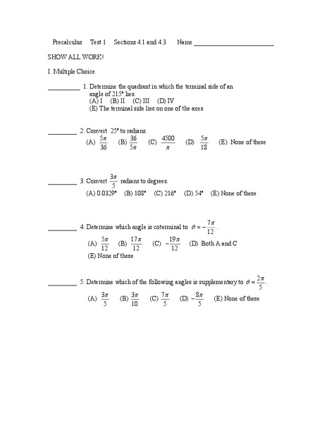 Precalculus Test Worksheet