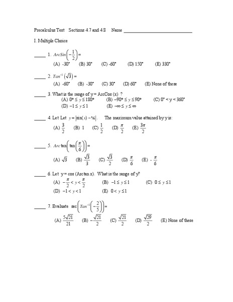 Precalculus Test Worksheet