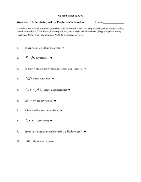 Predicting the Products of a Reaction Worksheet
