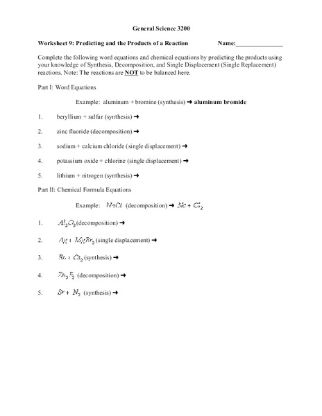 Predicting the Products of a Reaction Worksheet