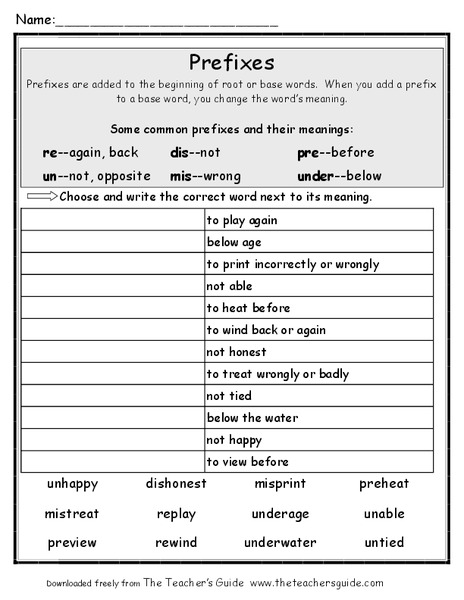 Prefixes Worksheet