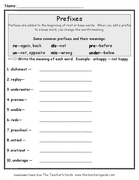 Prefixes Worksheet