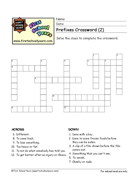 Prefixes Crossword Worksheet