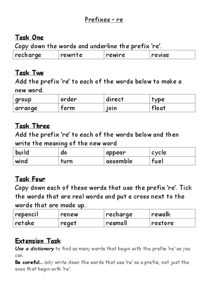 Prefixes: Re Worksheet