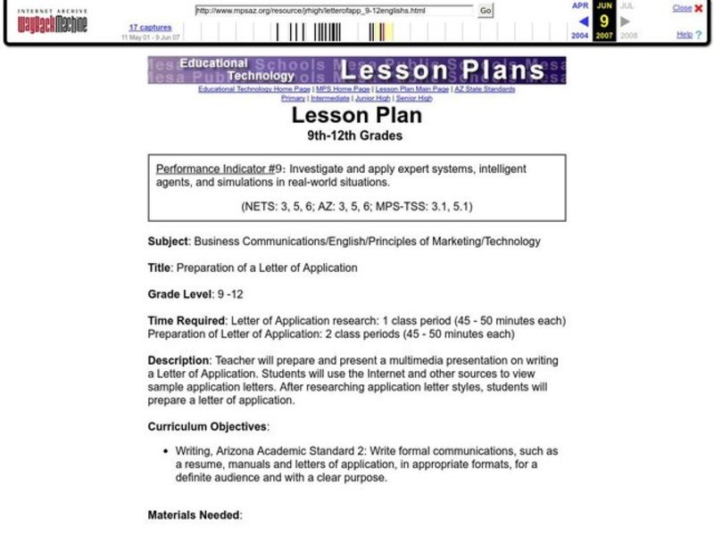 Preparation of a Letter of Application Lesson Plan