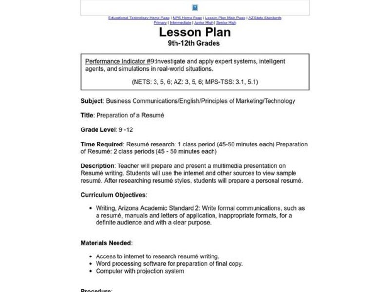 Preparation Of A Resume Lesson Plan