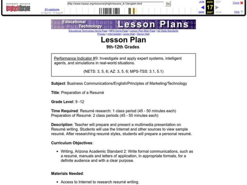 Preparation of a Resumé Lesson Plan
