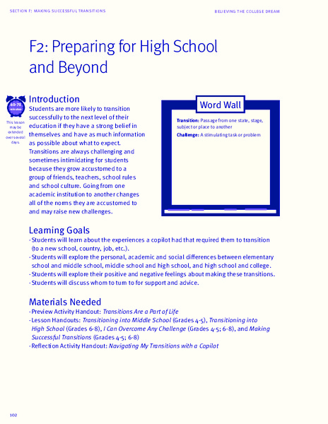 Preparing for High School and Beyond Lesson Plan