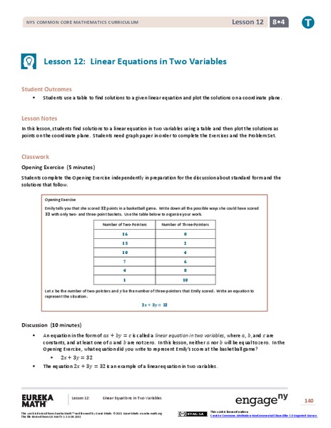 Linear Equations in Two Variables Lesson Plan