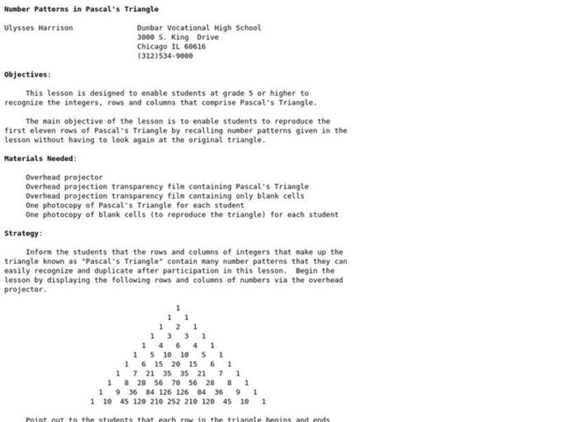 Number Patterns in Pascal's Triangle Lesson Plan