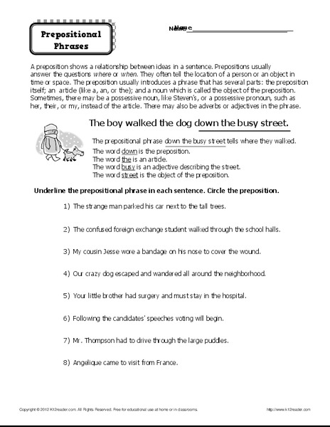 Prepositional Phrases  Worksheet