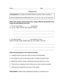 Prepositions Worksheet