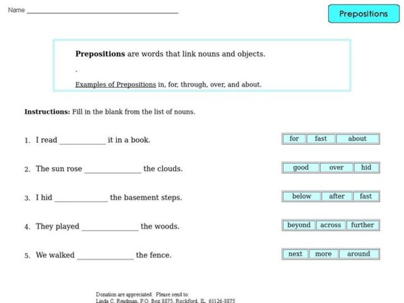 Prepositions Worksheet