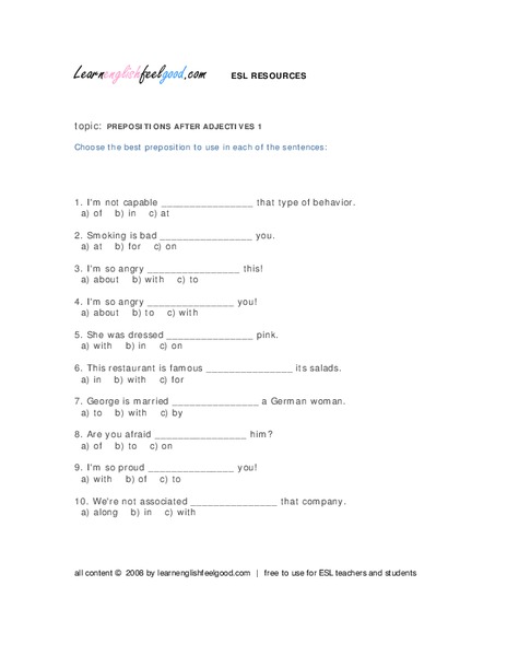 Prepositions After Adjectives Worksheet
