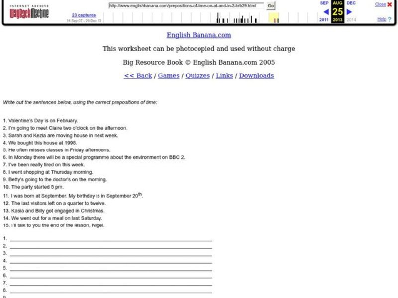 Prepositions of Time Worksheet