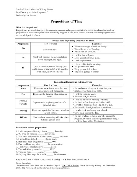 Prepositions of Time Handout