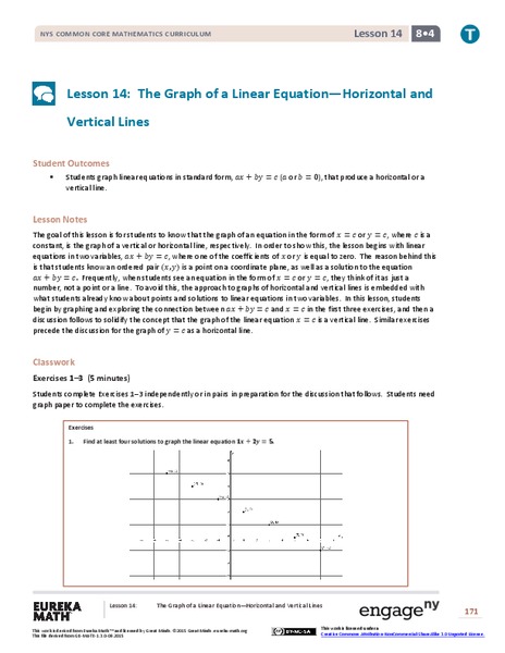 The Graph of a Linear Equation—Horizontal and Vertical Lines Lesson Plan