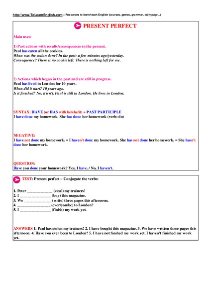 Present Perfect Worksheet