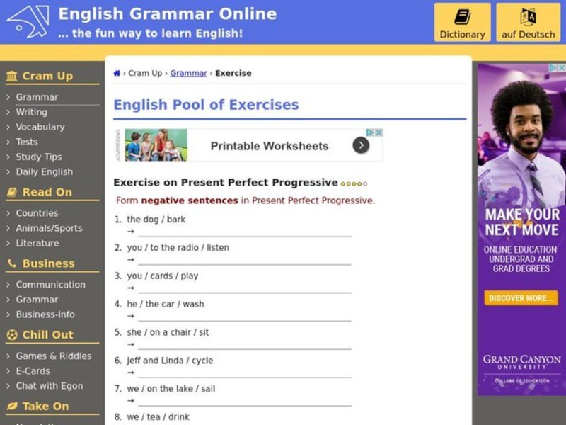 Present Perfect Progressive-Negative Sentences Interactive
